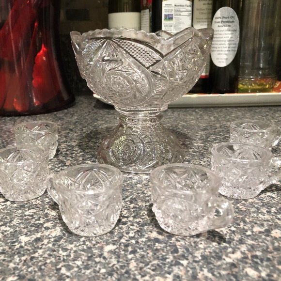 Antique EAPG Childrens Glass Punch Bowl Set with 6 Cups - Picture 1 of 4